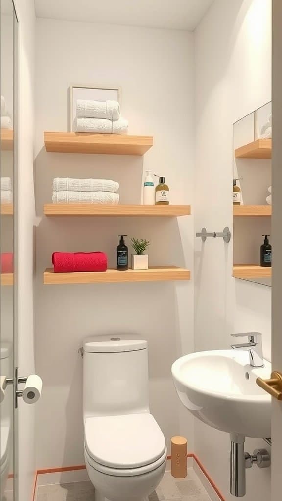 Floating shelves in a small bathroom for storage
