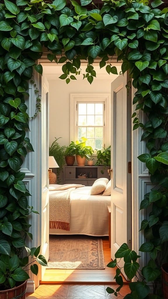 A doorway framed with lush climbing plants, inviting spring vibes
