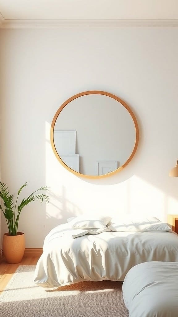A beautifully framed mirror with a wooden border in a cozy bedroom setting.