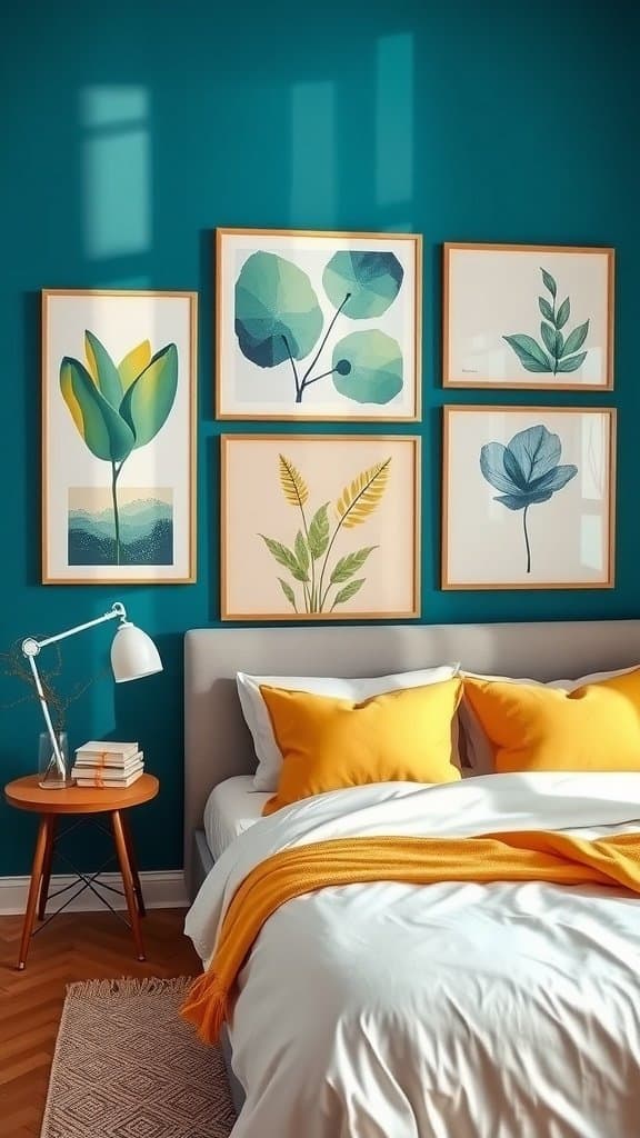 A cozy bedroom with a teal wall and a gallery of framed botanical prints in soft colors.