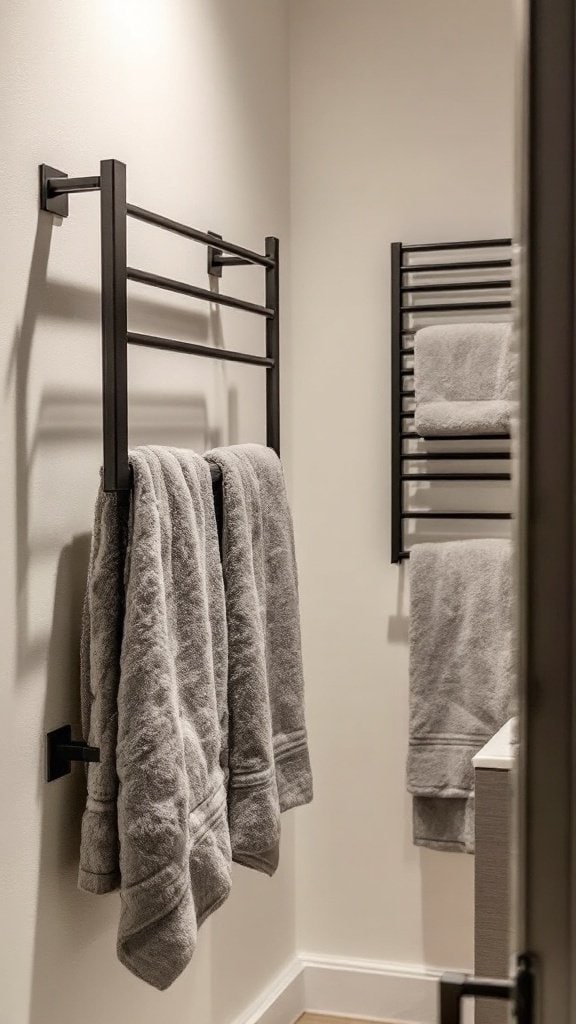 A modern small bathroom featuring a wall-mounted towel bar beside a minimalist sink.