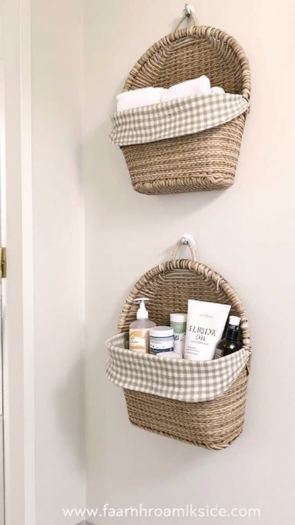 A stylish bathroom with hanging baskets and wall storage.