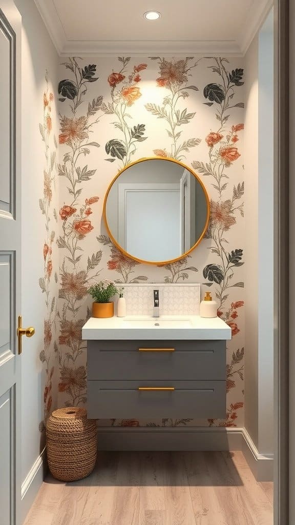 A small bathroom with floral wallpaper, a circular mirror, and a modern sink.