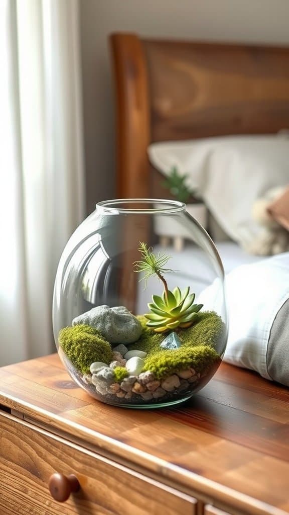 A terrarium featuring moss and succulents, placed on a wooden bedside table.