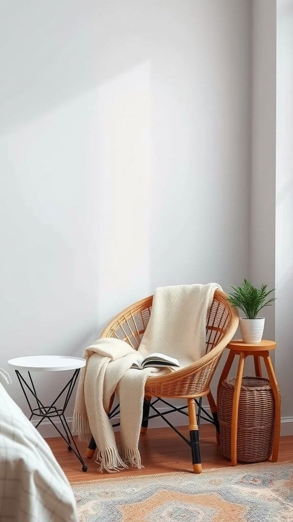 A cozy reading nook featuring a wicker chair with a blanket and a small side table.