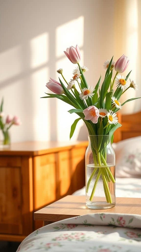 Fresh flowers in a decorative vase on a bedside table