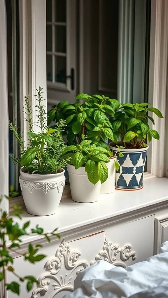 Herb planters on a windowsill, showcasing various herbs like basil and rosemary.