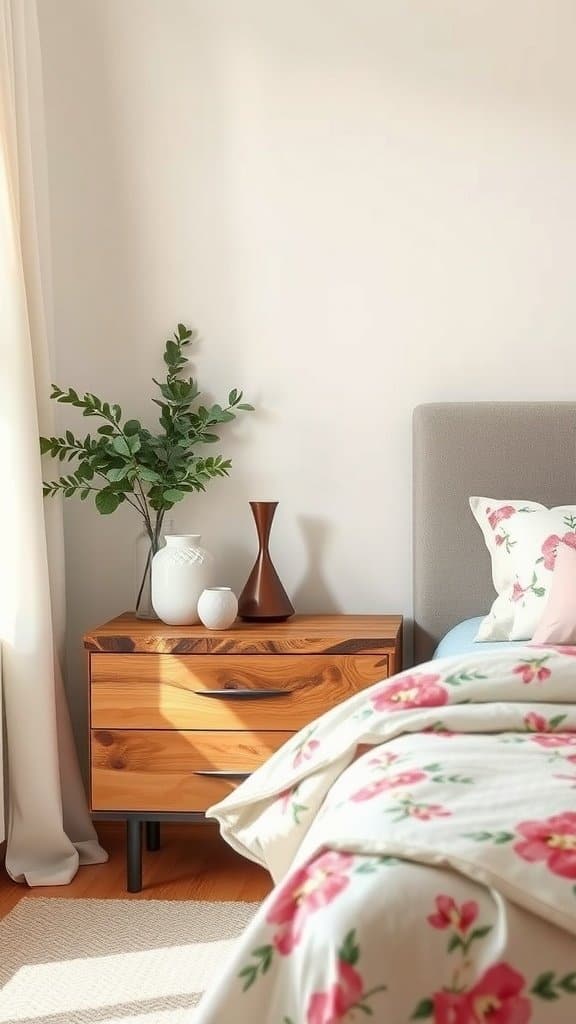 A cozy bedroom featuring live edge wooden furniture with floral bedding and natural elements.