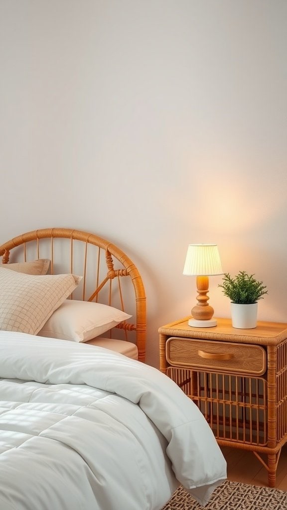 Cozy bedroom with rattan nightstand and soft bedding.