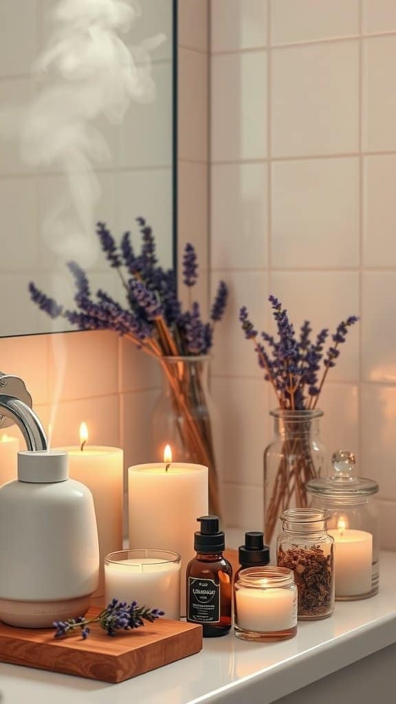 Decorative scented elements including candles and essential oils on a bathroom countertop