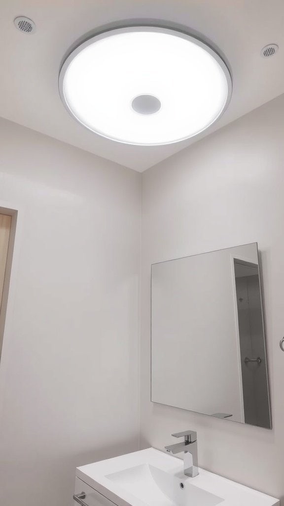 A modern ceiling light fixture in a small bathroom