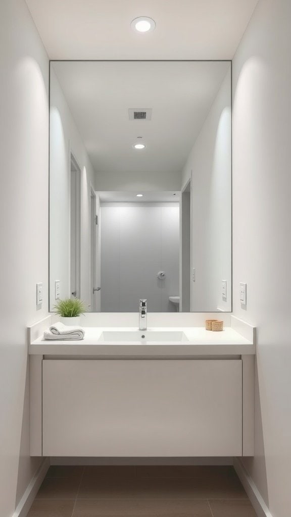A modern bathroom with a large mirror above the sink