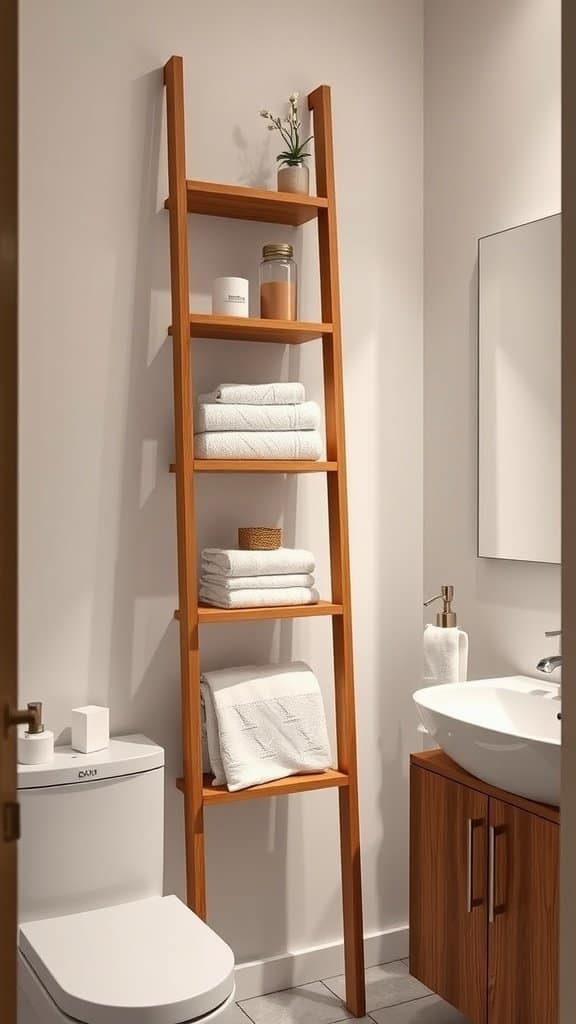 A slim wooden ladder shelf holding neatly folded towels and a small plant in a modern bathroom.