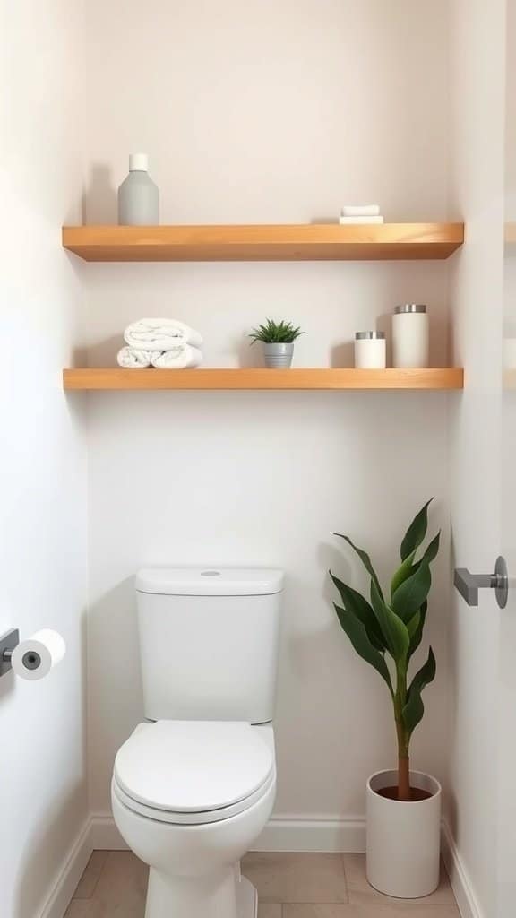 A small bathroom with open shelving above a toilet, featuring towels, plants, and decorative items.