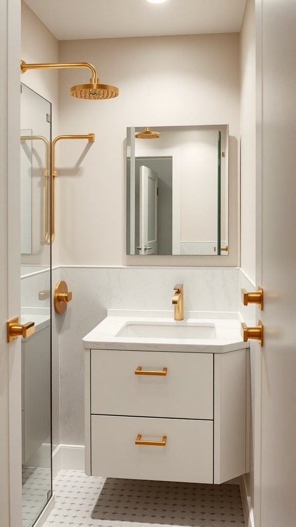 A small bathroom featuring consistent gold plumbing fixtures and hardware.