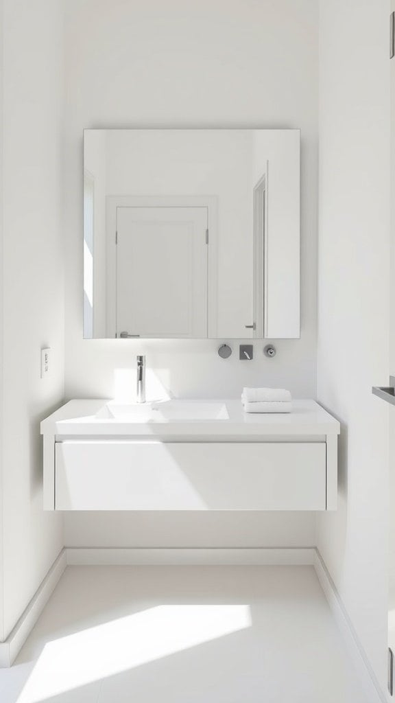 A modern, minimalist bathroom with a clean, uncluttered countertop and a large mirror.