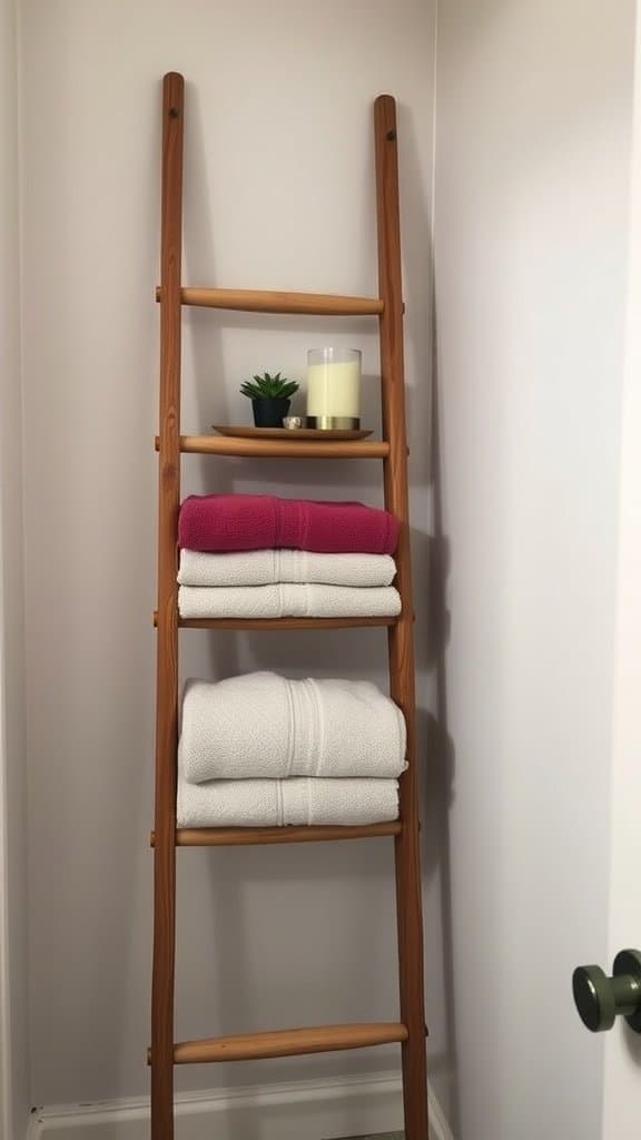 Ladder shelves in a bathroom showcasing towels and decorative items