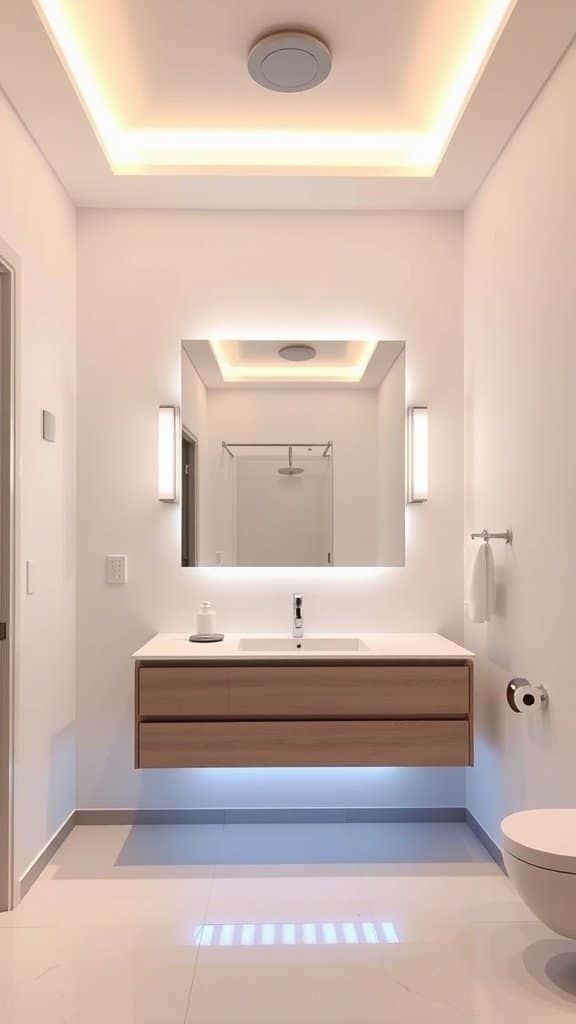 A modern small full bathroom with layered lighting, featuring a ceiling light, wall sconces, and under-vanity lighting.