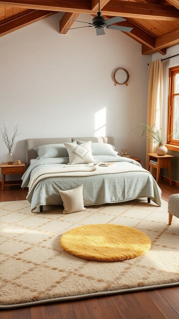 Layered rugs in soft tones brighten up a bedroom.