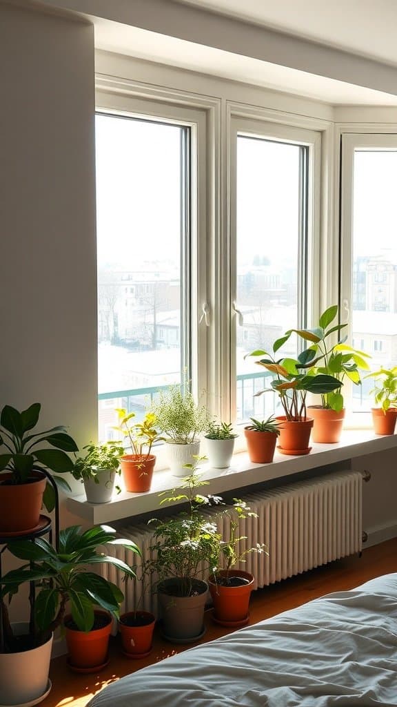 A sunny windowsill filled with various potted plants, enhancing the bedroom's decor.