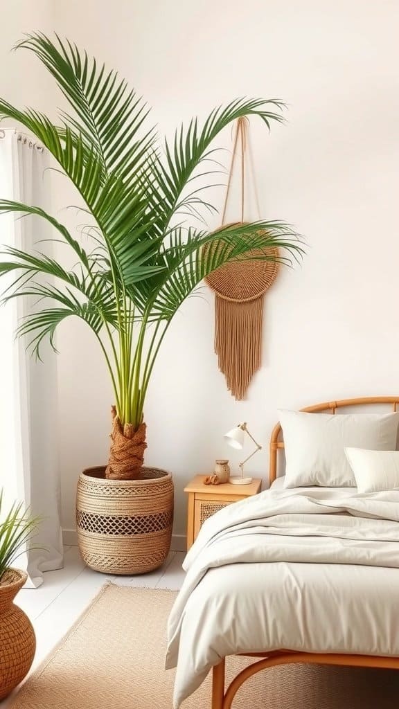 A tall indoor palm in a cozy bedroom setting.