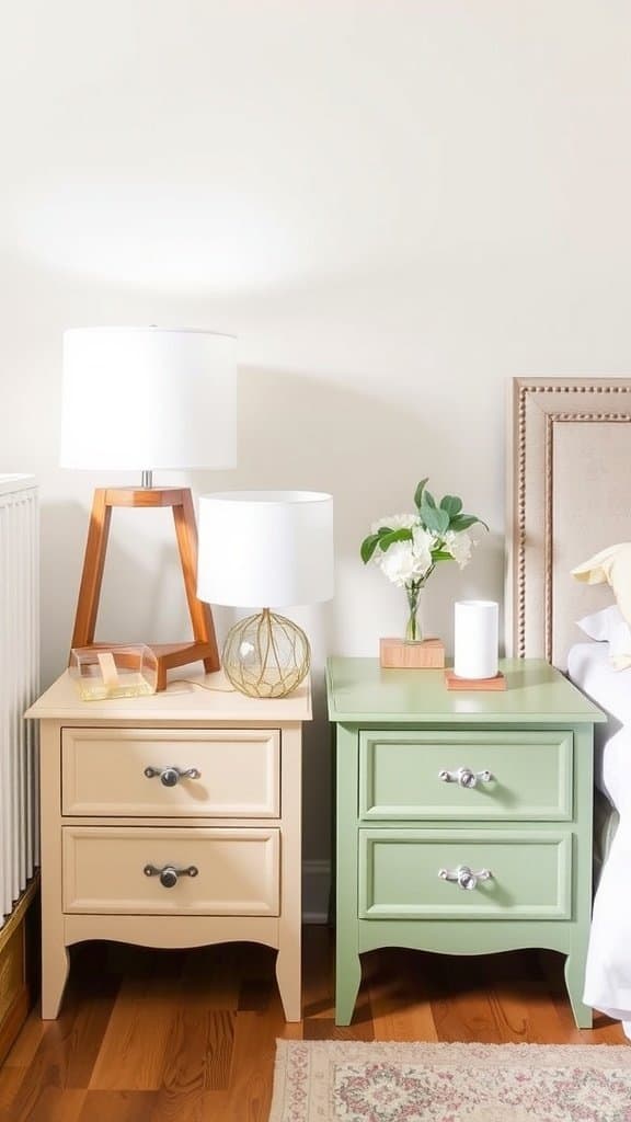 A stylish bedroom with a mint green nightstand and a cozy bed.