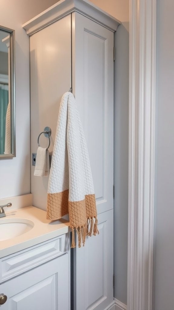 A well-organized small bathroom with effective towel storage solutions.
