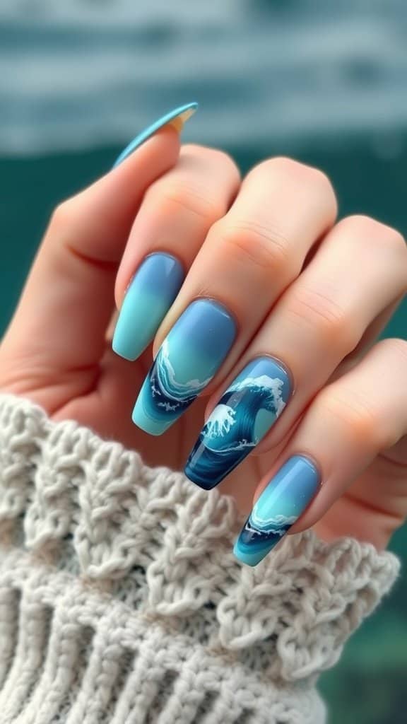 Ocean wave gradient acrylic nails with blue and green colors