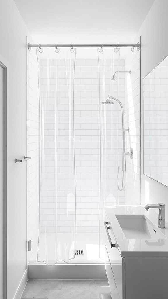 Small bathroom featuring a clear glass or acrylic shower curtain.