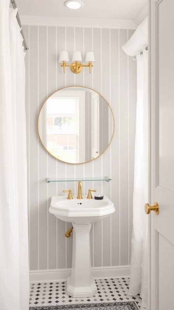 A small bathroom with vertical striped walls, a round mirror, and stylish fixtures.
