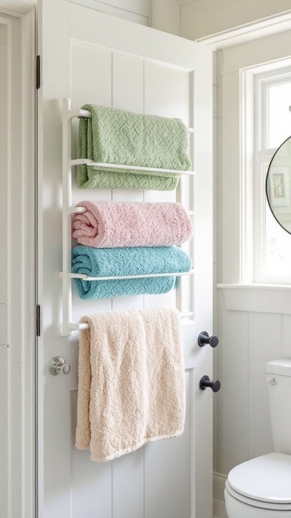Towels neatly organized on an over-the-door towel rack