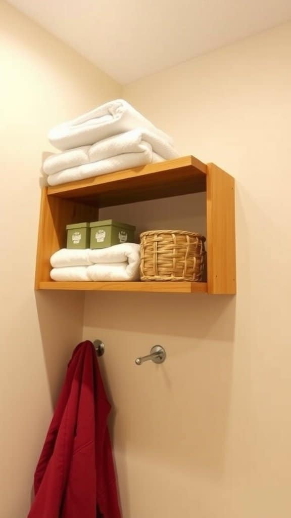 Overhead shelving in a bathroom, displaying neatly stacked towels and decorative storage baskets.