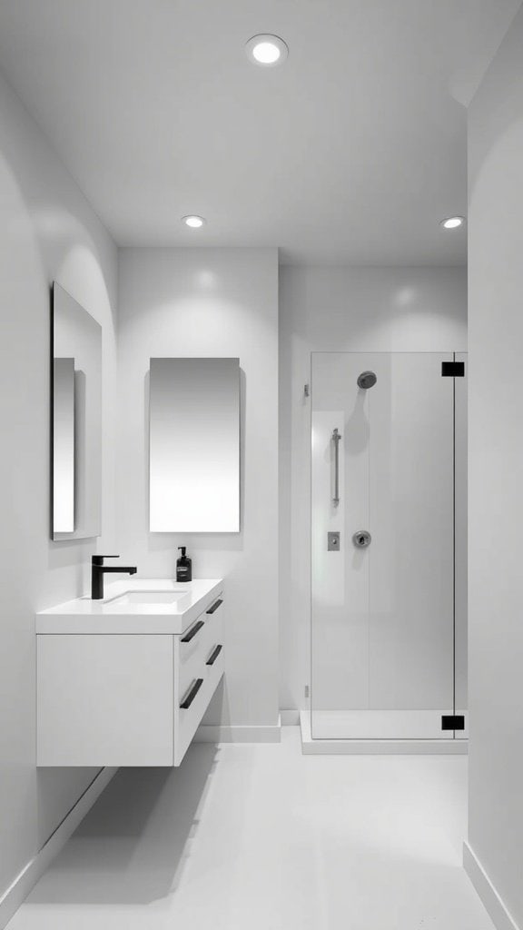A modern small bathroom with white walls and trim, featuring a shower and sink area.