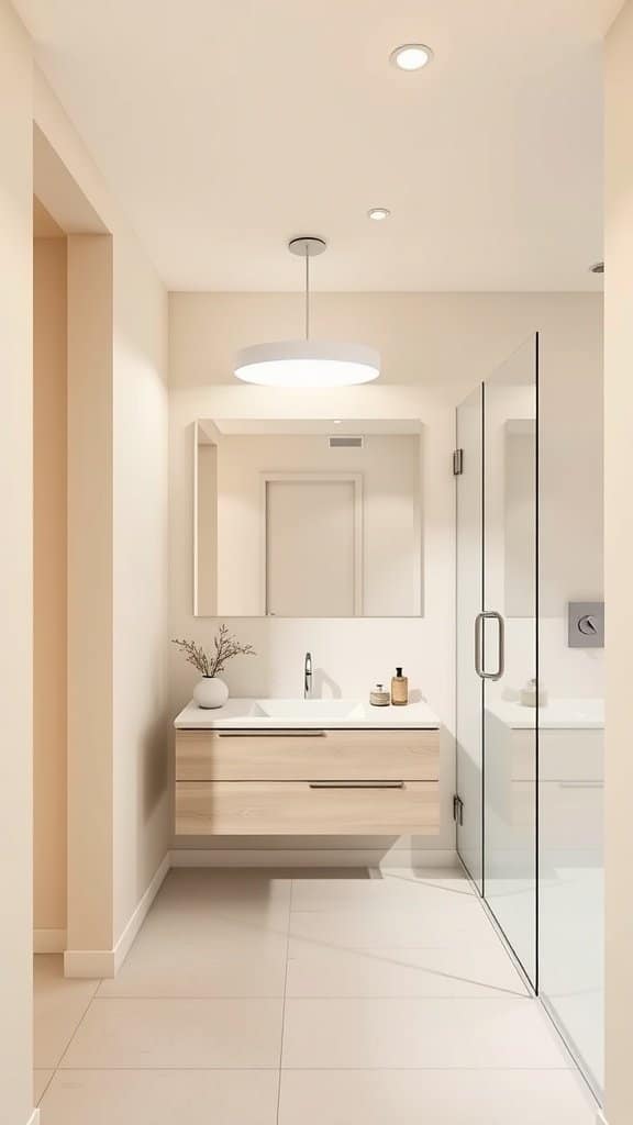 A modern small bathroom with matching wall and ceiling colors, featuring a sleek vanity and glass shower.