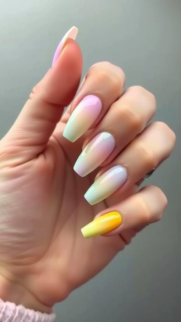 A hand showing acrylic nails with a pastel rainbow fade and a bright yellow accent nail.