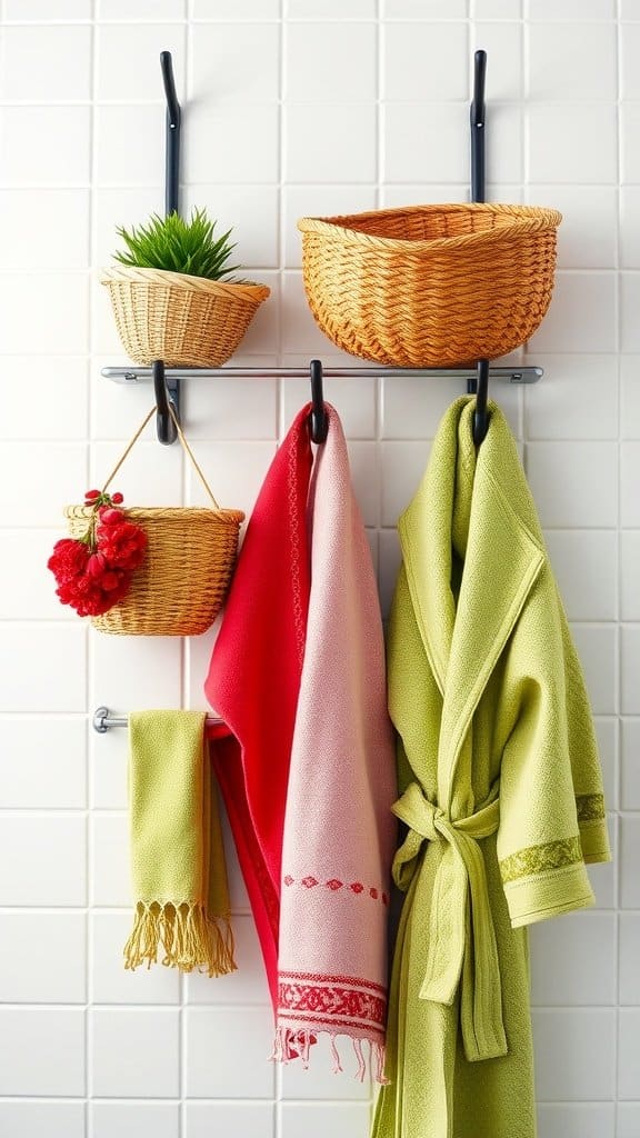 Peg rails with baskets and towels for bathroom storage.
