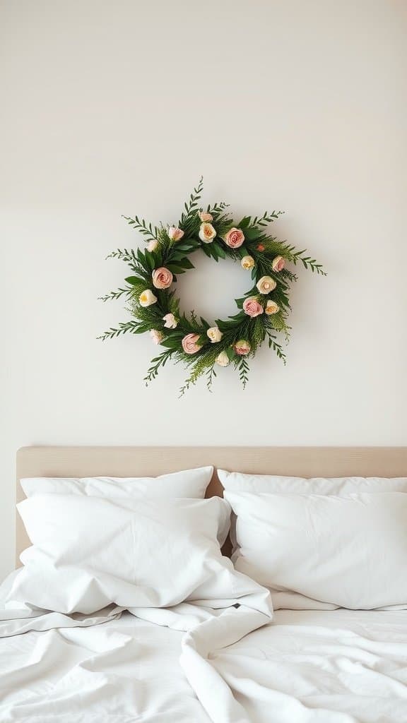 A floral wreath hanging above a bed with white bedding.