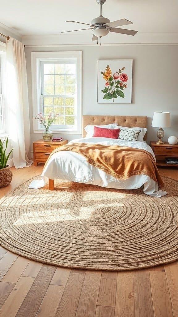Jute rug in a spring bedroom with a cozy setup
