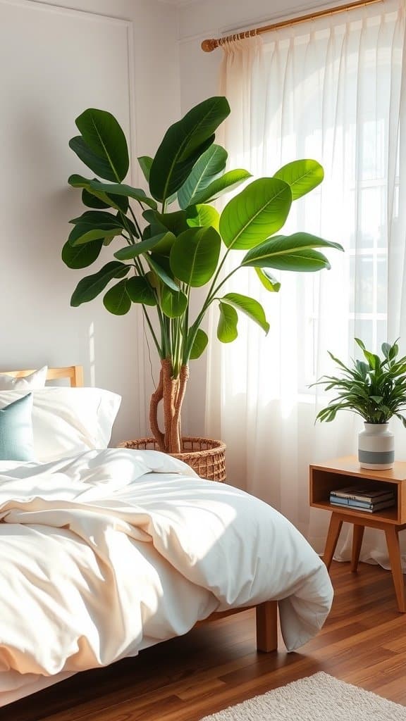 A cozy bedroom with a large potted plant in the corner, creating a lively atmosphere.