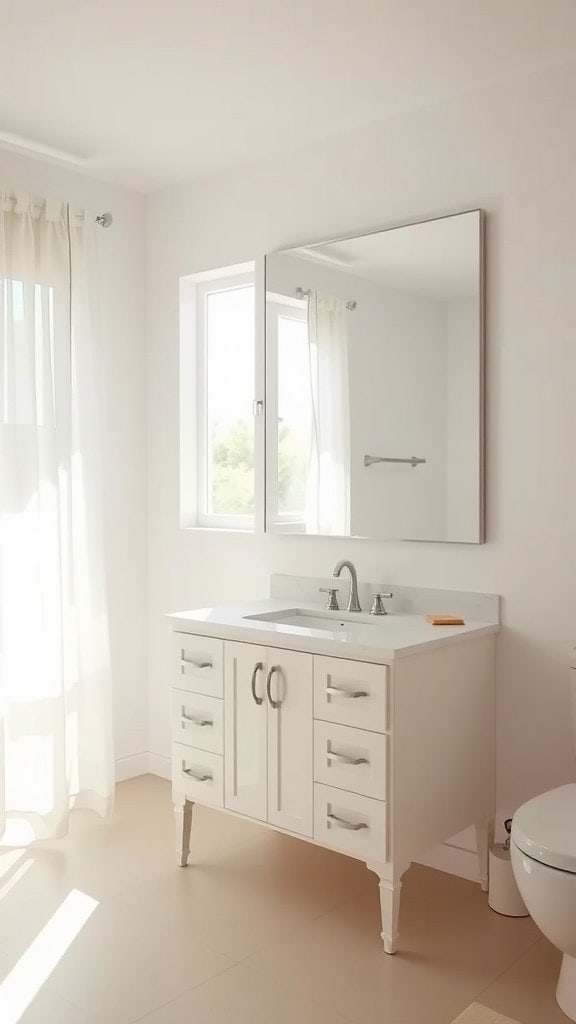 Bright and spacious small bathroom with a mirror and window.