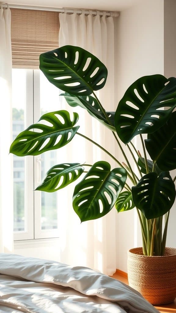 A monstera plant placed near a window in a bright bedroom.