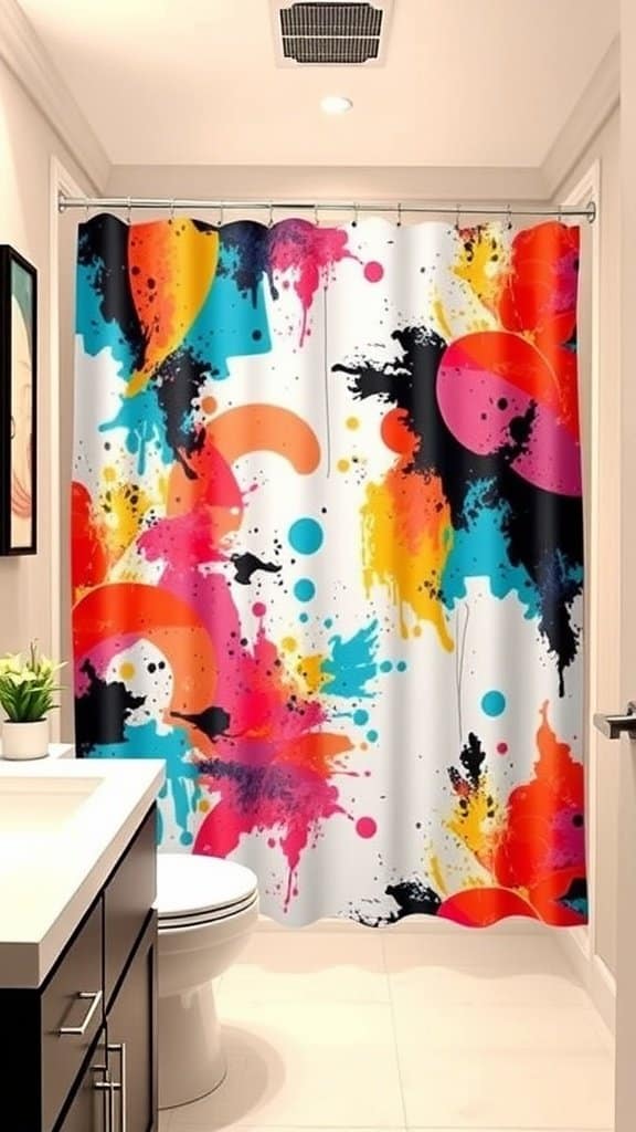 Colorful shower curtain in a small bathroom