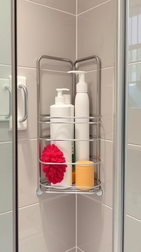 A corner shower caddy with various bath products organized neatly.