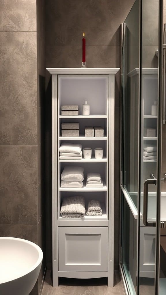 Slim cabinet used for storage in a small bathroom setting.