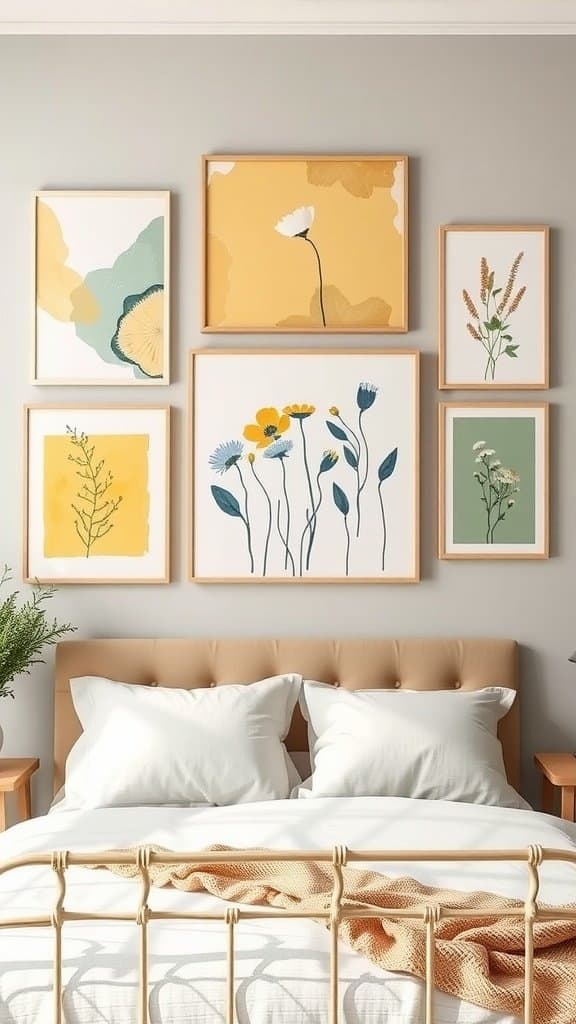 Spring-inspired wall art featuring yellow tones and floral designs