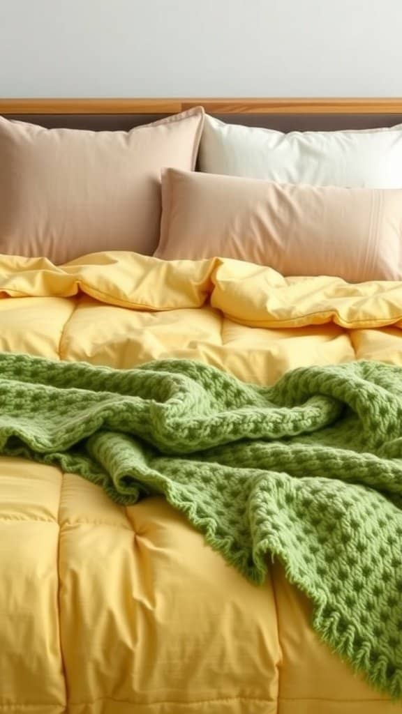 Colorful spring-themed bedding with yellow and green layers.
