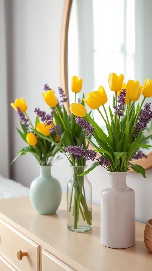 Spring floral arrangements featuring yellow tulips and greenery