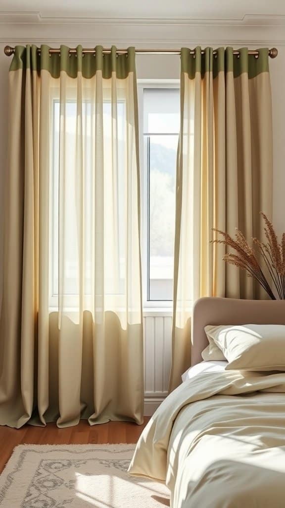 A bright bedroom featuring soft cream curtains and cozy bedding.