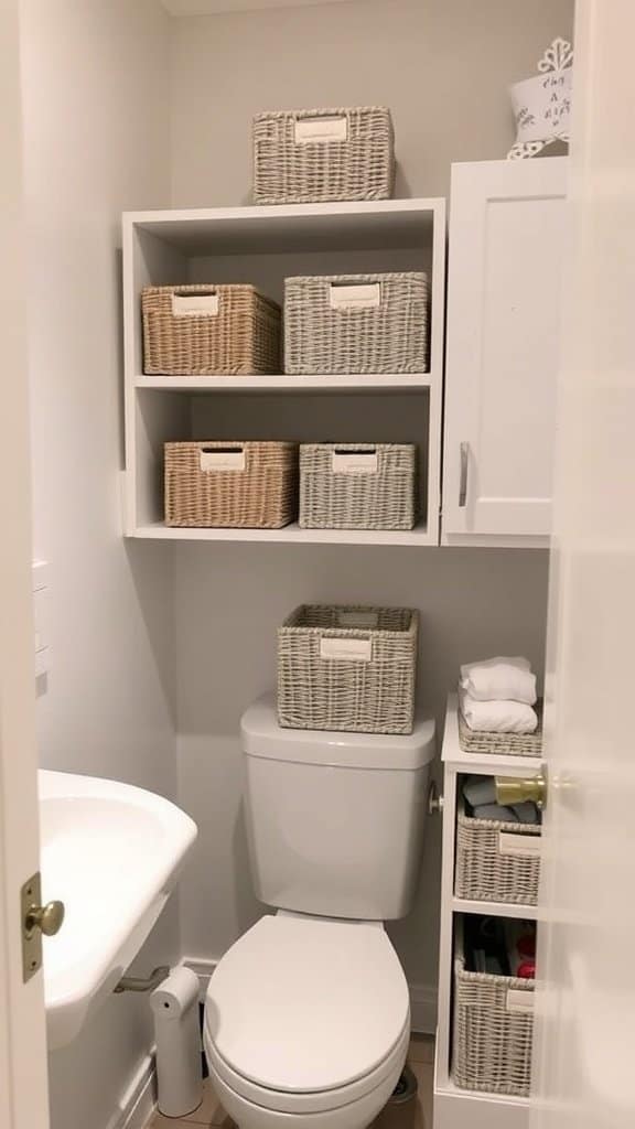A small bathroom with neutral-colored storage bins and a clean design.