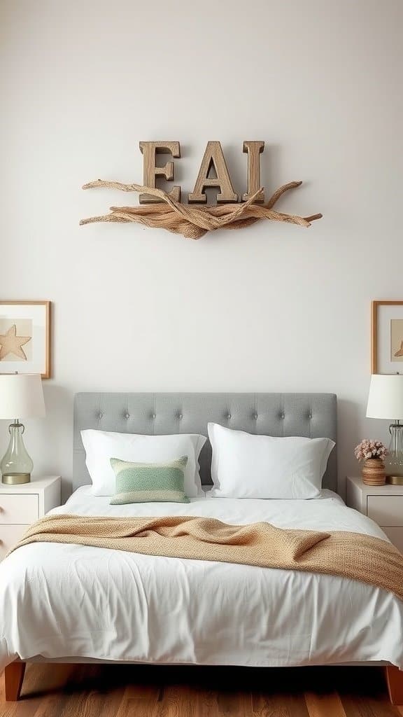 Coastal-style bedroom with driftwood accents